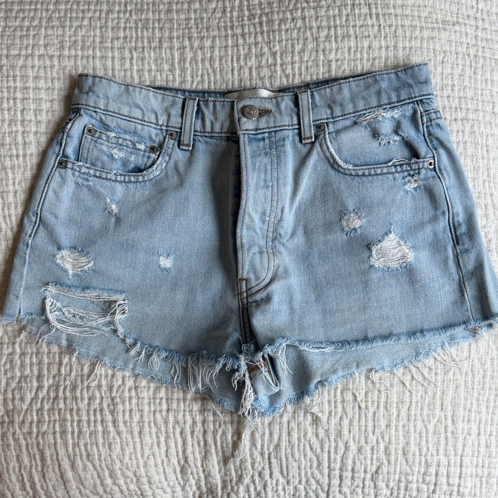 REFORMATION Light Blue Distressed Denim Shorts